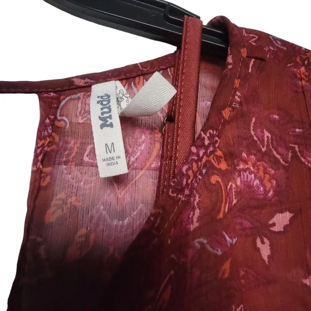 Sz M Women's Casual Dress Burgundy Mini Fit & Flare V-Neck Long Sleeve Floral - Picture 3 of 7